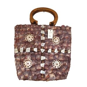 New With Tags Coconut Shell Large Rectangular Purse Handmade‎ Wooden Handles Zip
